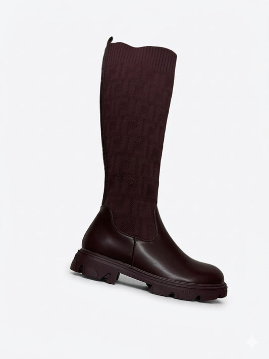 Bottes hautes en maille texturée avec base en simili cuir et semelle épaisse