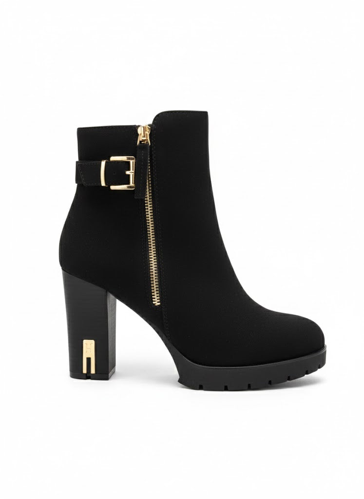 Bottines noire à talon haut avec boucle dorée et fermeture zippée