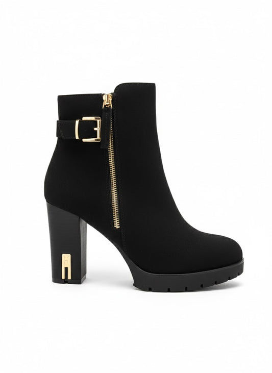 Bottines noire à talon haut avec boucle dorée et fermeture zippée