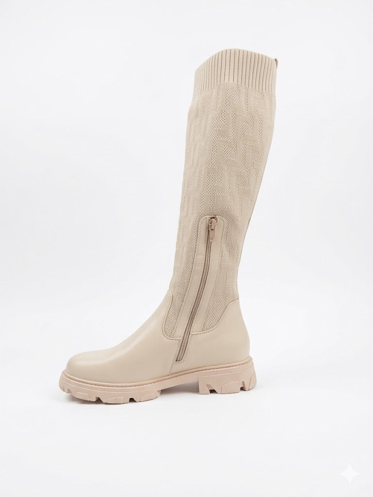Bottes hautes en maille texturée avec base en simili cuir et semelle épaisse