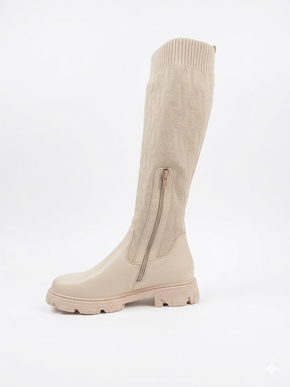Bottes hautes en maille texturée avec base en simili cuir et semelle épaisse