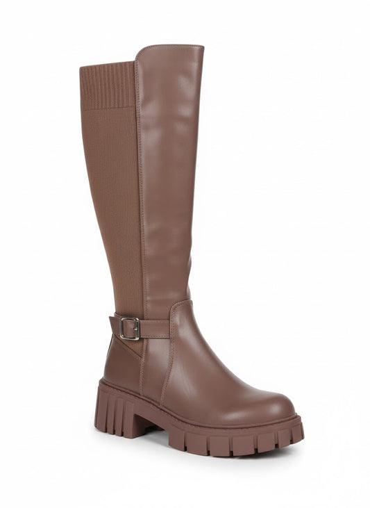 Bottes haute marron à semelle et stretch