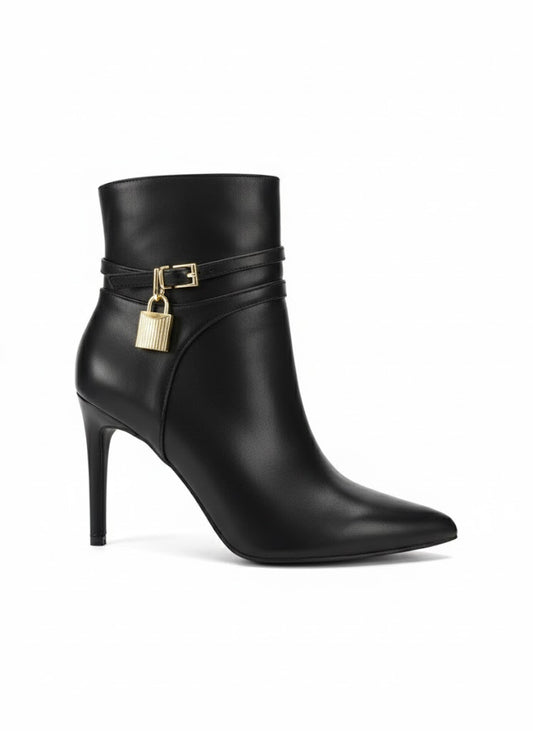 Bottines noire à talon fin avec détail cadenas doré