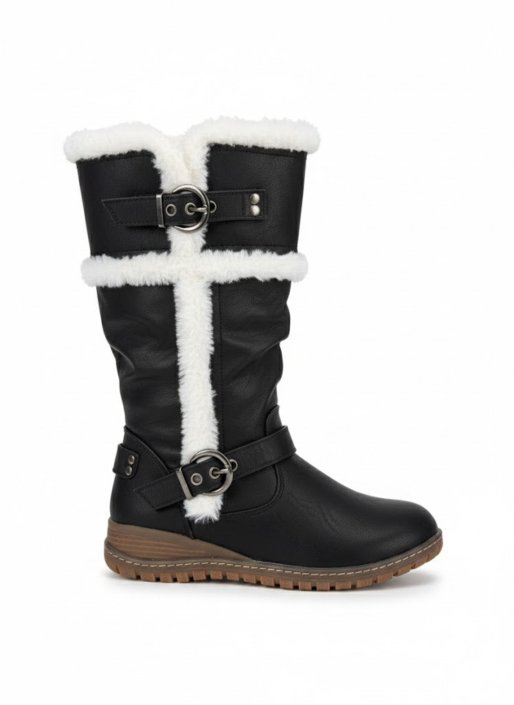 Bottes fourrée noire avec sangles décoratives et doublure chaude