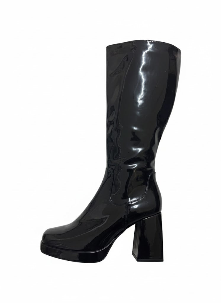 Bottes vernies noires à talon bloc & carré