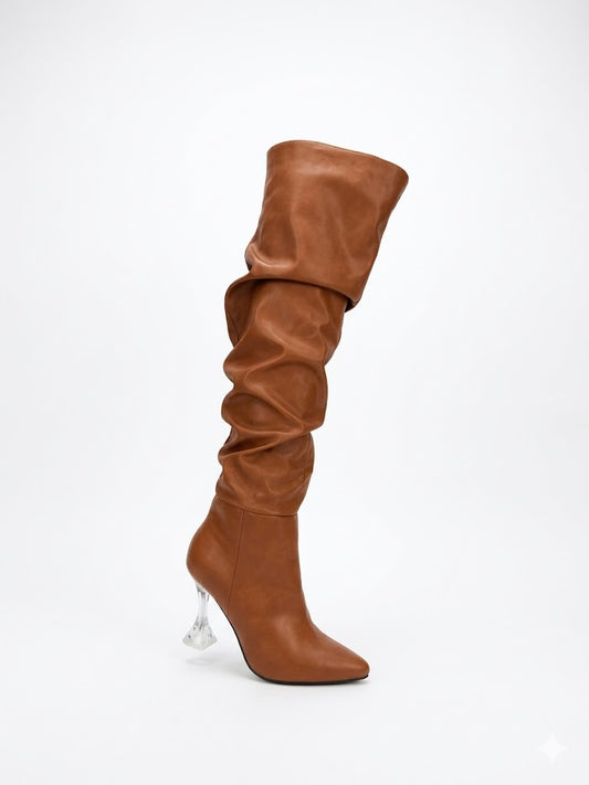Bottes hautes plissées en simili cuir à bout pointu et talon transparent