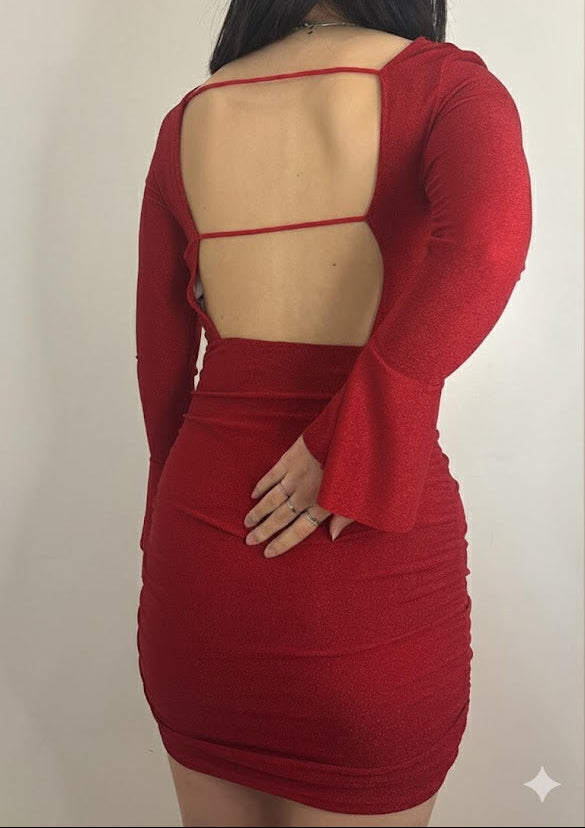 Robe dos nu manches évasées & coupe froncée