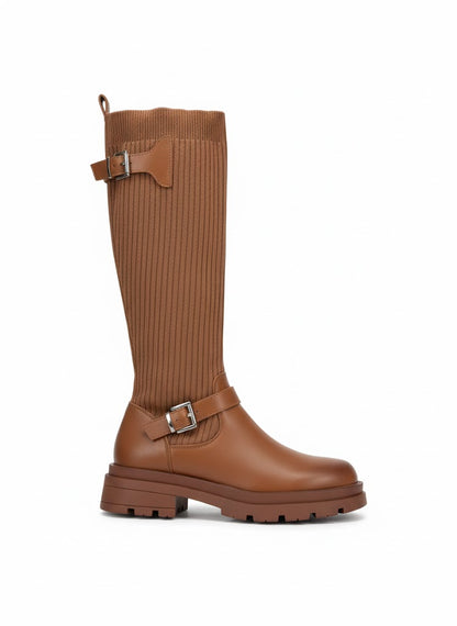 Bottes montante beige maille & semelle crantée