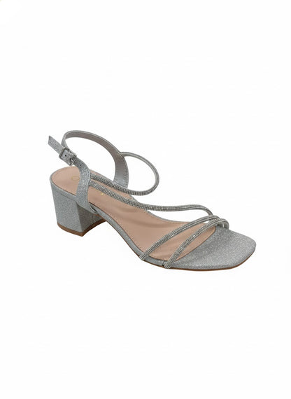 Sandales pailletées à talon bloc fines brides croisées et bride cheville