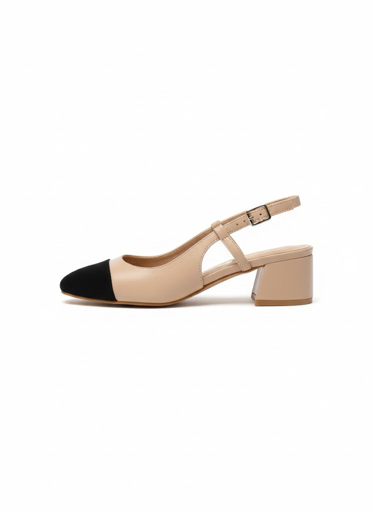 Escarpin slingback bicolore à talon carré