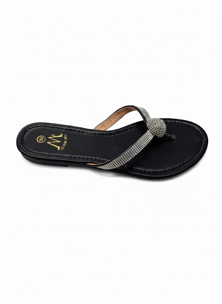 Claquette noire minimaliste à bride strassée