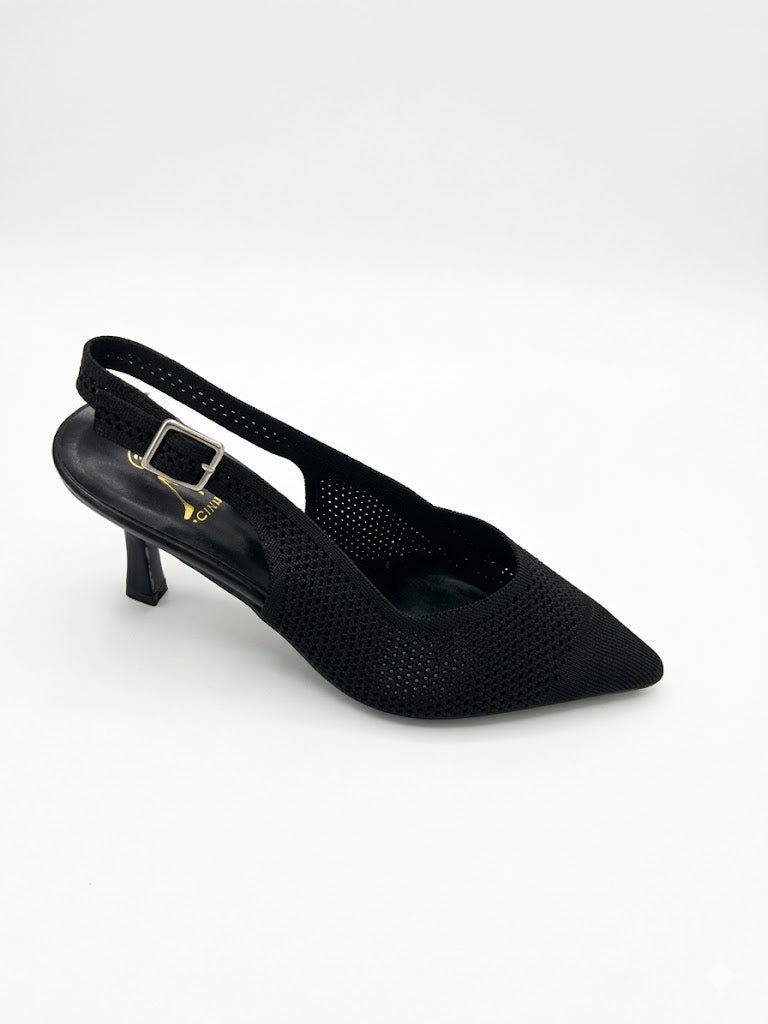 Escarpin slingback ajouré à talon fin bride arrière et boucle métal