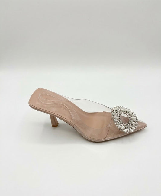 Escarpin transparente à talon fin avec bijou strass