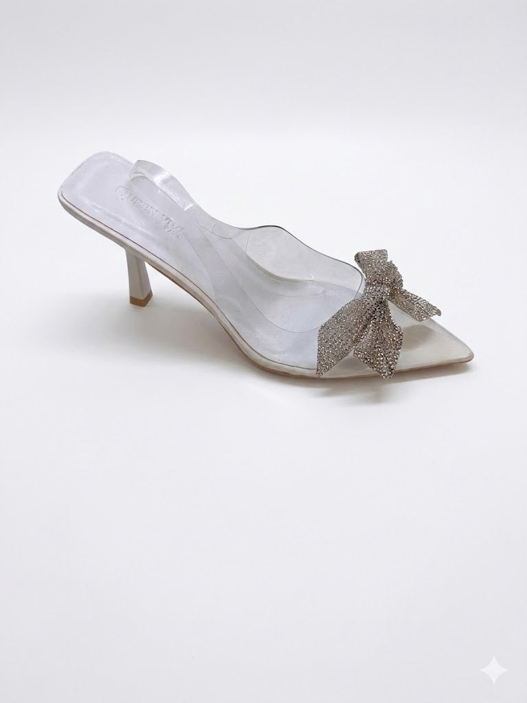Escarpin transparente à talon fin avec nœud strass