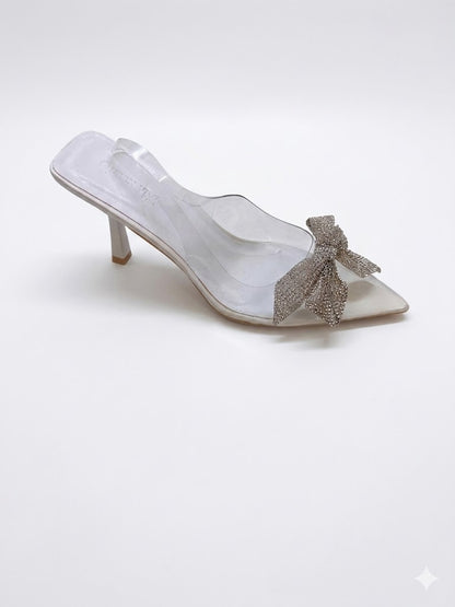 Escarpin transparente à talon fin avec nœud strass