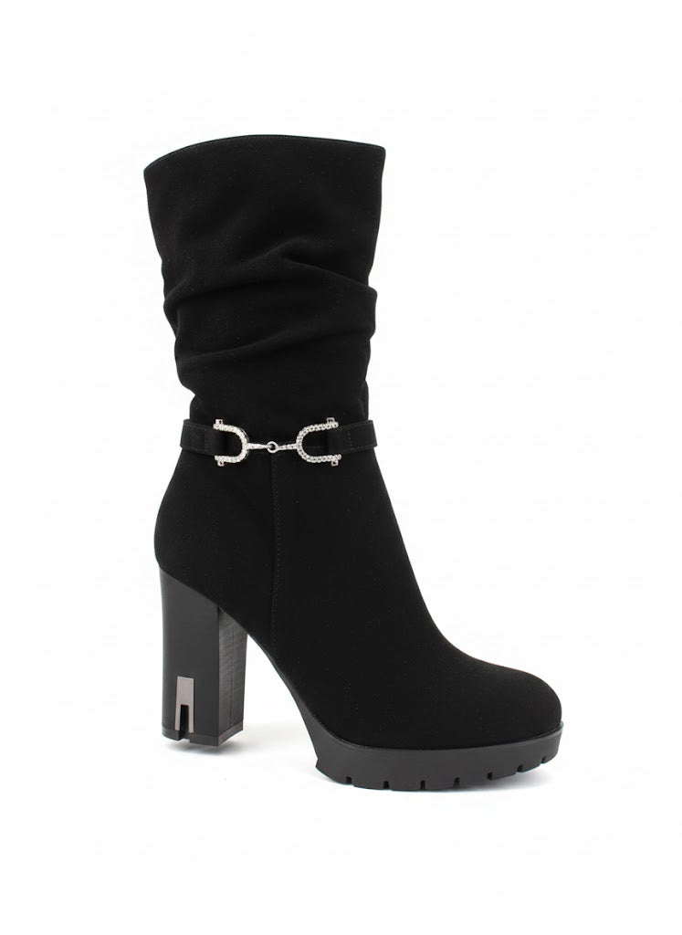Bottes noires à talon cranté et détail bijou