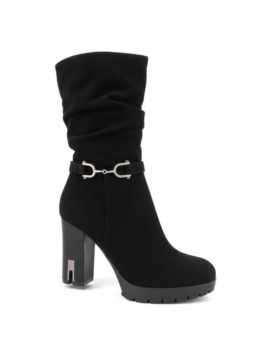 Bottes noires à talon cranté et détail bijou