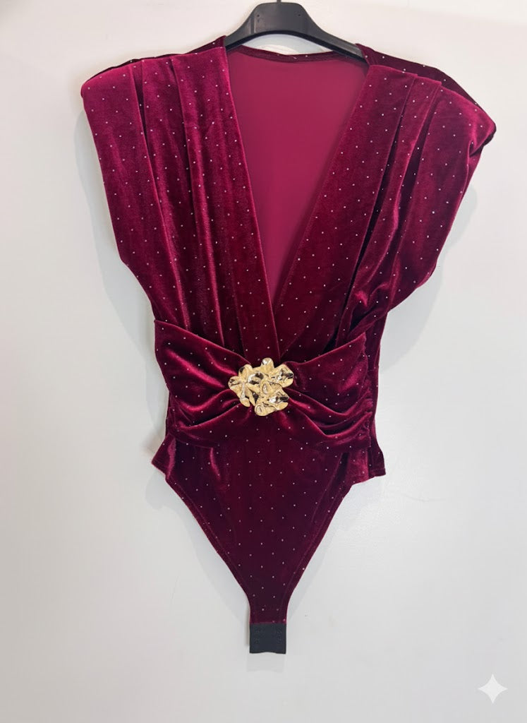 Body velours décolleté plongeant strass & fleur dorée