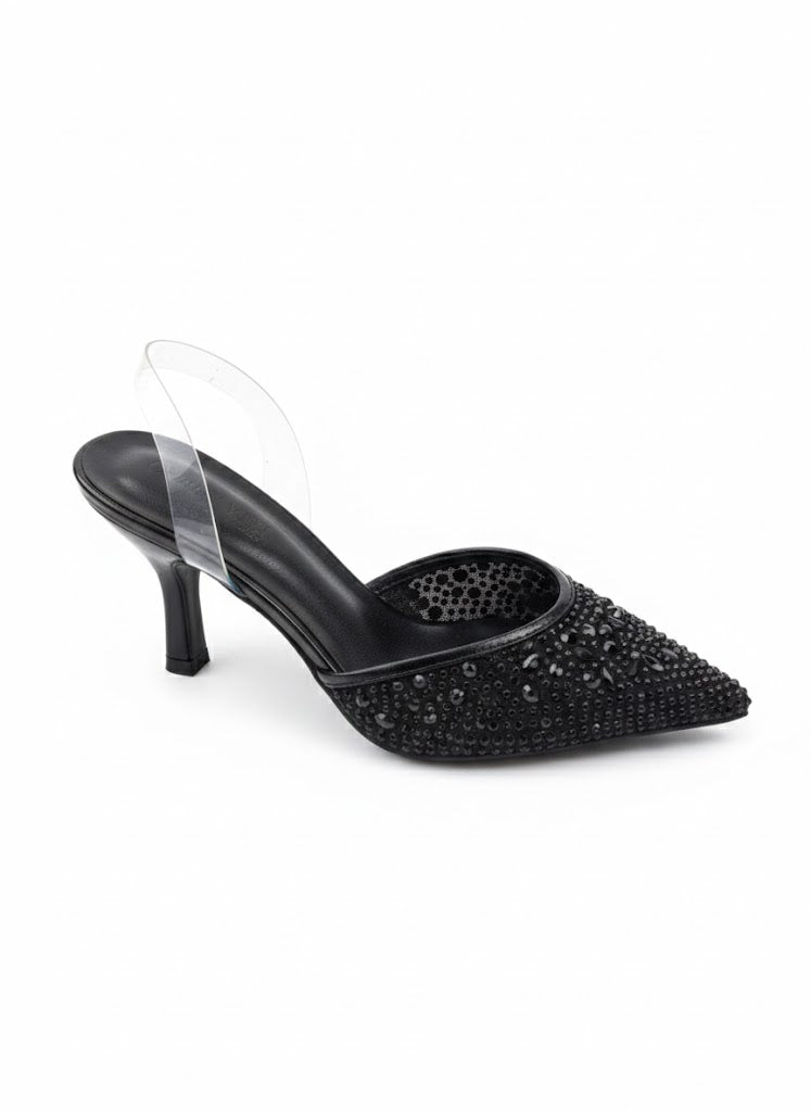 Mule ornée de strass avec bride transparente et talon fin