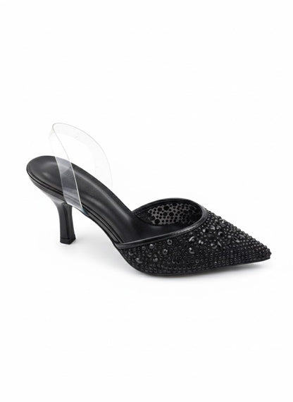 Mule ornée de strass avec bride transparente et talon fin