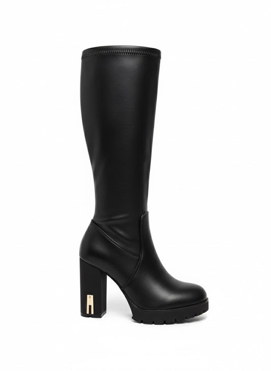 Bottes hautes noires à talon bloc avec détail métallique élégant