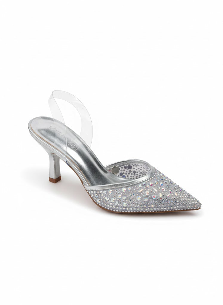 Mule ornée de strass avec bride transparente et talon fin
