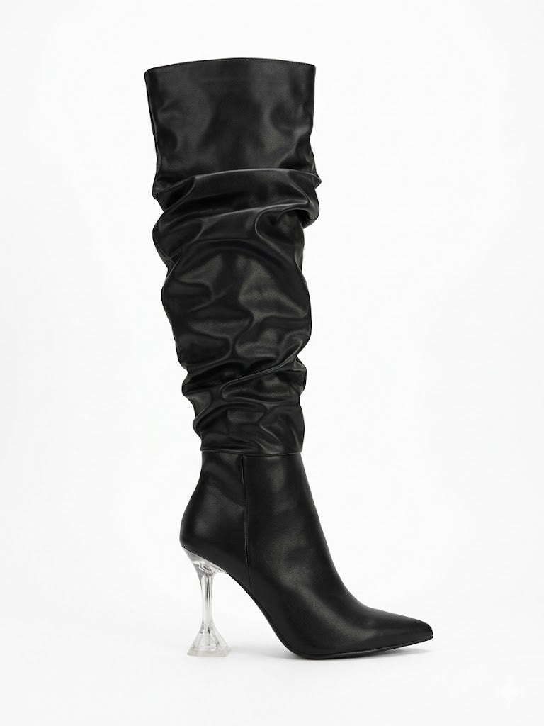 Bottes hautes plissées en simili cuir à bout pointu et talon transparent