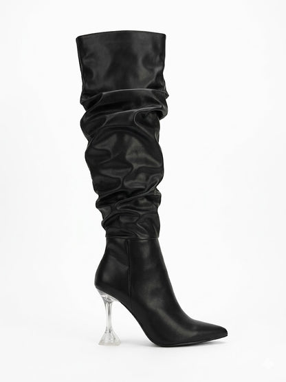 Bottes hautes plissées en simili cuir à bout pointu et talon transparent