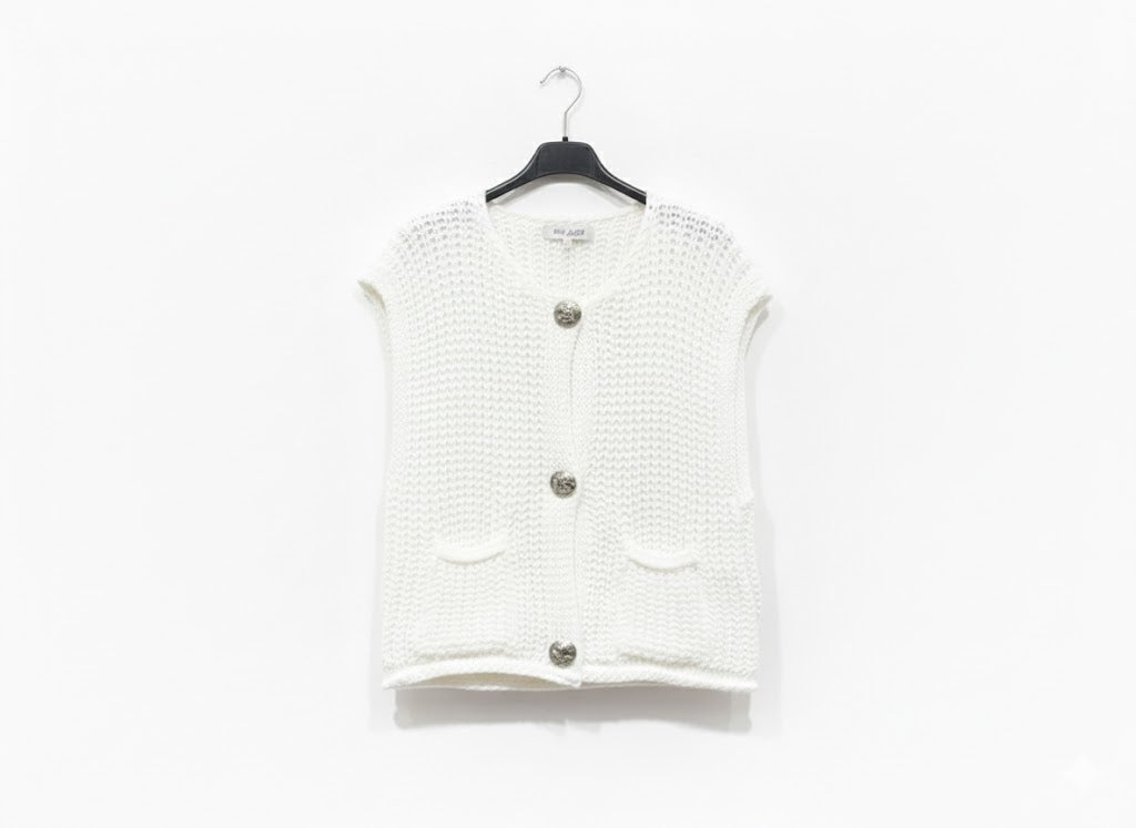 Gilet sans manches en maille texturée à boutons bijoux