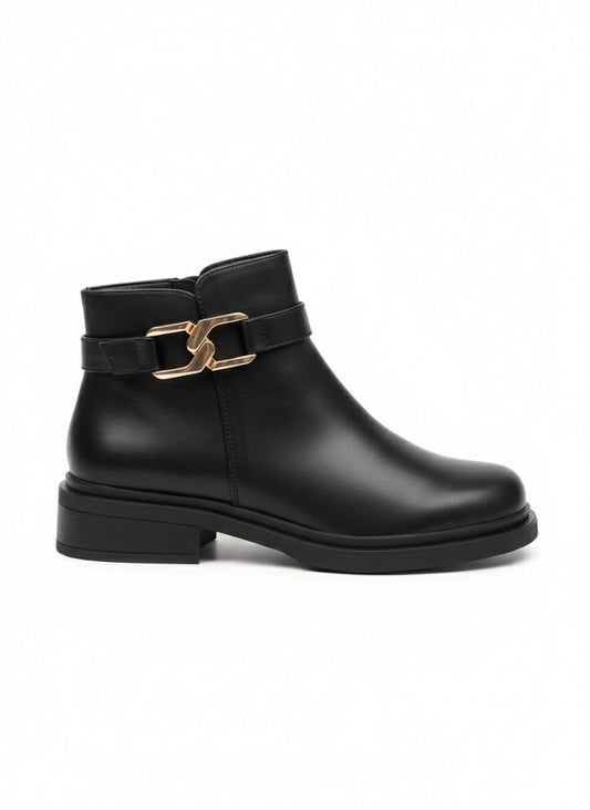 Bottines noire à boucle dorée et talon confortable