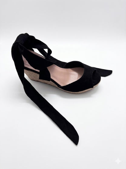 Sandales compensées à lacets ruban bout ouvert
