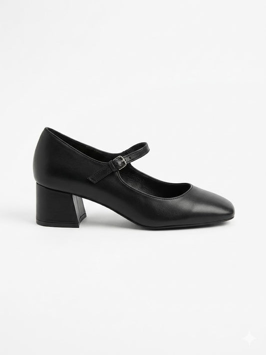 Escarpin noir style Mary Jane à talon carré avec bride fine