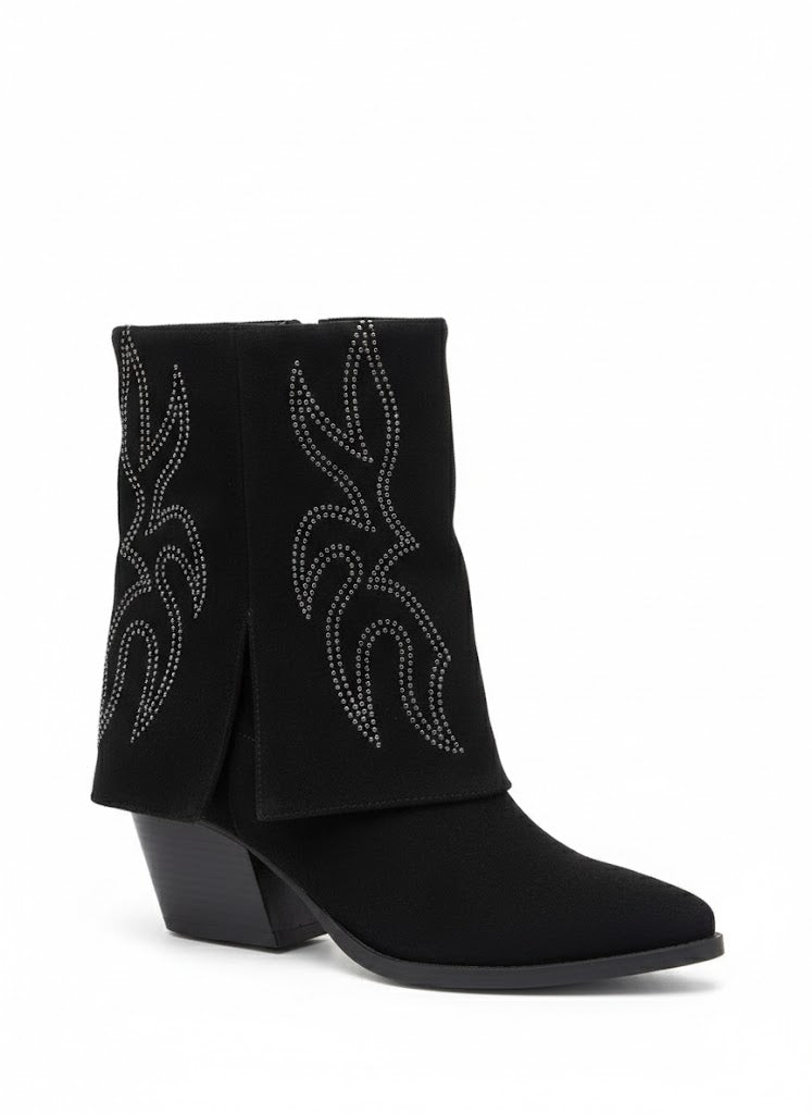 Bottines noires à motif flammes strassées