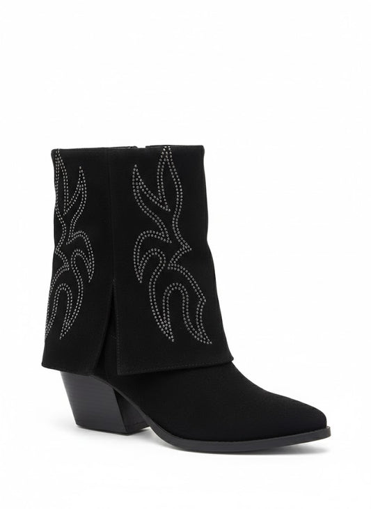 Bottines noires à motif flammes strassées