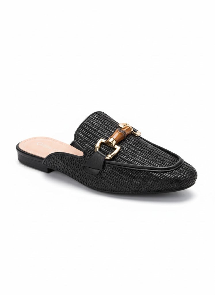 Mule type mocassin tressée à mors doré