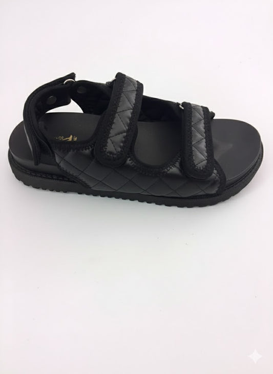Sandales confort noires matelassées à scratchs & brides matelassées réglables
