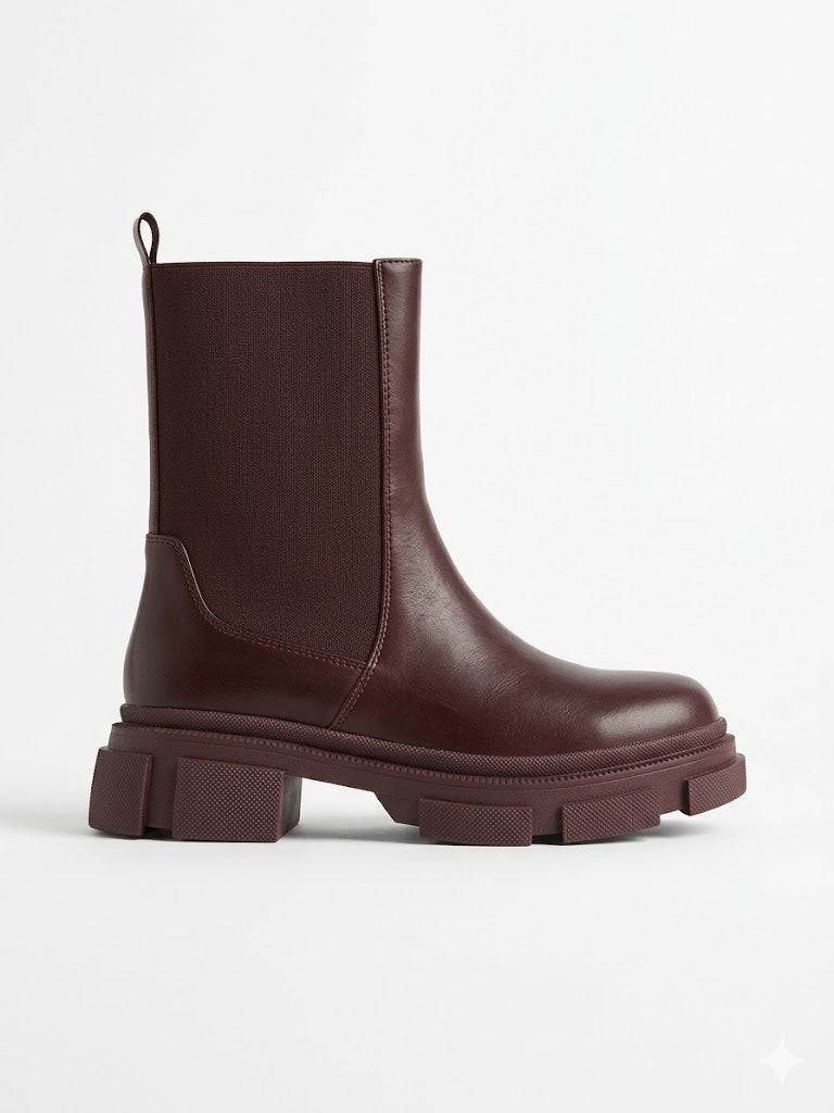 Bottines chelsea marron en simili cuir à semelle crantée